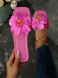 French Square Toe Flower Sandals for Women, Elegant Fairy Style, Sweet and Chic, Flat Summer Slippers, Party Office Home Wear, Elegant Floral Sandals