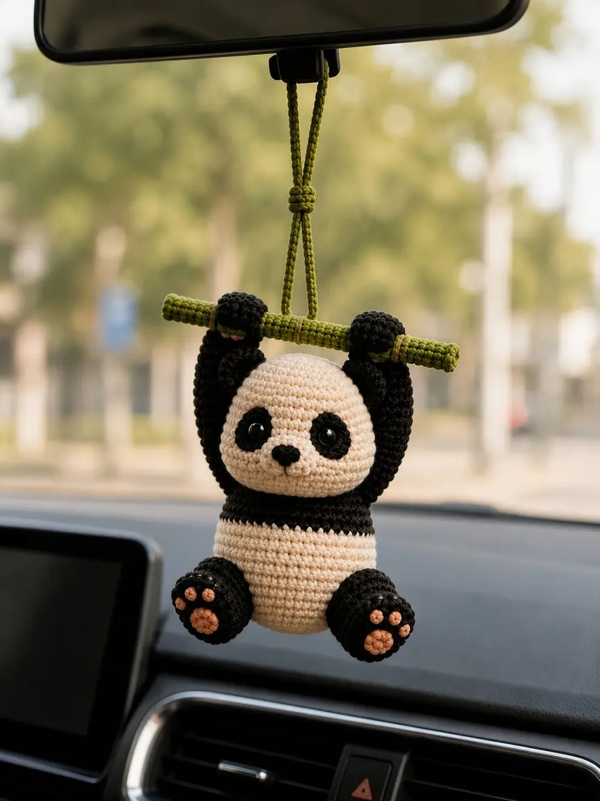 Handmade Crochet Panda Car Charm, Cute Panda Rearview Mirror Hanging Ornament, Kawaii Car Interior Decor, Unique Gift for Panda Lovers