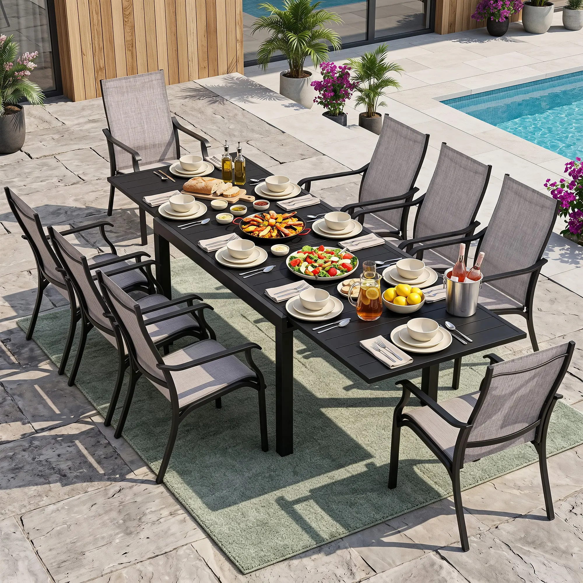 9-Piece Aluminum Textilene Outdoor Dining Set, Extendable Table