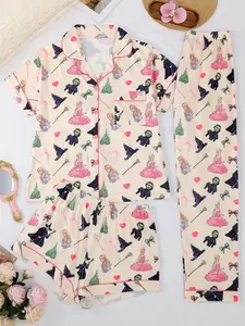 Women's 3-Piece Sleepwear Set, Button-Front Short Sleeve Top & Loose Shorts/pants, Elphaba Glinda Witch Print, All-Season Casual Home Wear, Pajamas