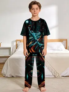 Boys' Cyber Football Goalkeeper Pajama Set, Digital Print Short Sleeve Sleepwear, Long Pants, Fire Retardant Fabric, Casual Comfort