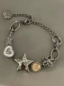 Fashion Trendy Cool Hip Hop Vintage Y2k Style Rhinestone Star Heart Flower Chain Bracelet 23cm Adjustable for Women Girls Holiday Party Daily Life Accessories - Fashionable Jewelry