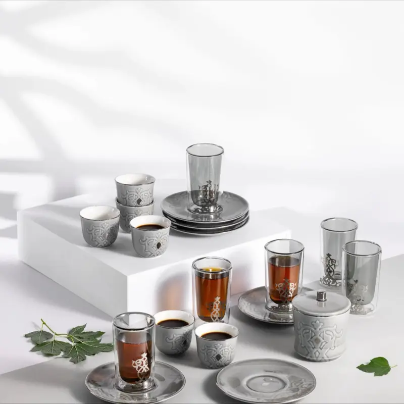 Naqsh Tea Set 19pc Grey & Silver Elegant Ceramic Cups and Saucers Perfect for Tea Lovers