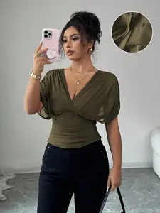 Women's V Neck Ruched Slim Fit Solid Color Blouse, Summer Short Sleeve Fitted Top, Casual Fashion Shirt for Women Womenswear