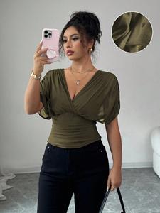 Women's V Neck Ruched Slim Fit Solid Color Blouse, Summer Short Sleeve Fitted Top, Casual Fashion Shirt for Women Womenswear