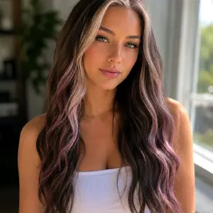 New Release C1320209K Val  20" Waterwave.  brunette,warm blonde highlights,lavender money pieces.  13x4 lace, 3 combs, closed wefted, 2 adjustable straps, 1 removable band.  Heat friendly 360⁰. free gift with purchase.gift must be returned for full refund