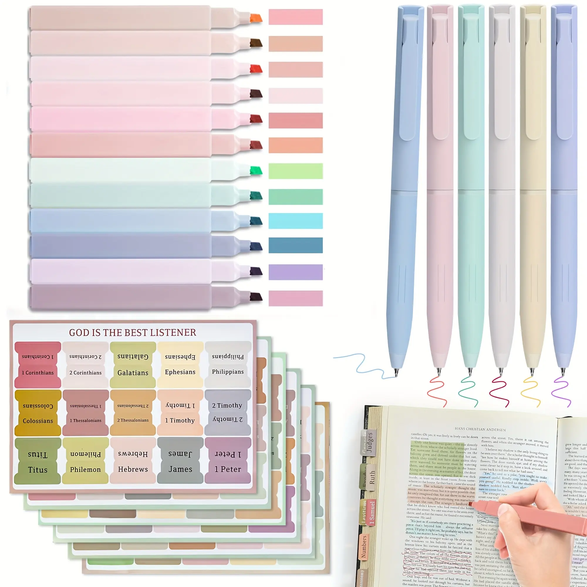 Bible Joumaling Kit,12 Pastel Bible Highlighters And 6 Pens With 90 Laminated Bible Tabs, Bible Study Kit For Women & Men Office School, Bible Study Supplies