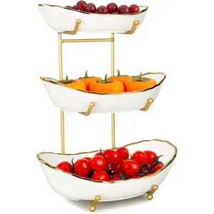 3 Tier Fruit Basket Ceramic Fruit Bowl Vegetable Storage with Metal Rack Porcelain Fruit Stand Storage Holder for Kitchen Counter Large Capacity Fruit Holder for Bread, Snack