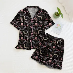 Night Garden Mystical Moth Magic Witchy Floral Satin Pajama Set, Halloween Magic Witchy Floral Pajama Sleepwear, Nighwear Set for Her
