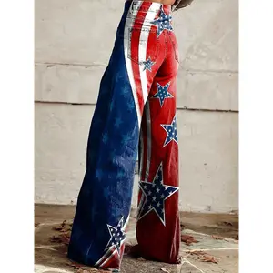 Happy Independence Day 1 Pair Women's Plus Size High Waist Flared Jeans - American Flag Print Denim Pants, Red White Blue Star Design, Retro Casual Style, All-Season Comfort, Machine Washable, Fashionable Comfort |   Contrast color stitching