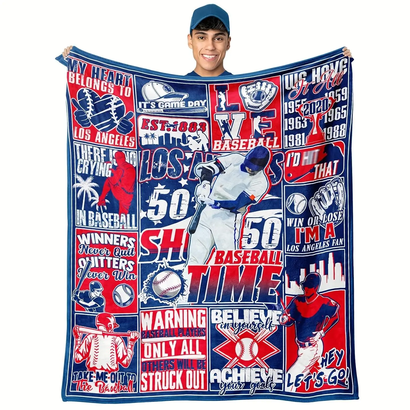 1pc Los Angeles Baseball Blanket Extra Large Soft Flannel Throw with LA Angels Past Players Team Colors Blue Red White Black Gray Perfect Game Day Gift for Fans Coaches Home Decor Antipilling Machine Washable Multiple Sizes 30x40 40x50 50x60 60x80 Inches,