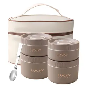 4Pcs Thermal Bento Lunch Box Set, Portable Insulated Lunch Container For Adults, Stainless Steel Keep Warm Food Container With Bag, Induction Cooker & Microwave Safe (Khaki 34oz)