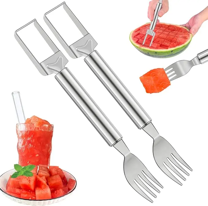 Watermelon Fork Slicer Cutter Slicer Tool, 2 - in - 1 Stainless Steel Fruit Cutter, Dual Head Fruit Forks Slicer Knife with Round Handle,Fruit Cutting Kitchen Utensils,Portable Stylish