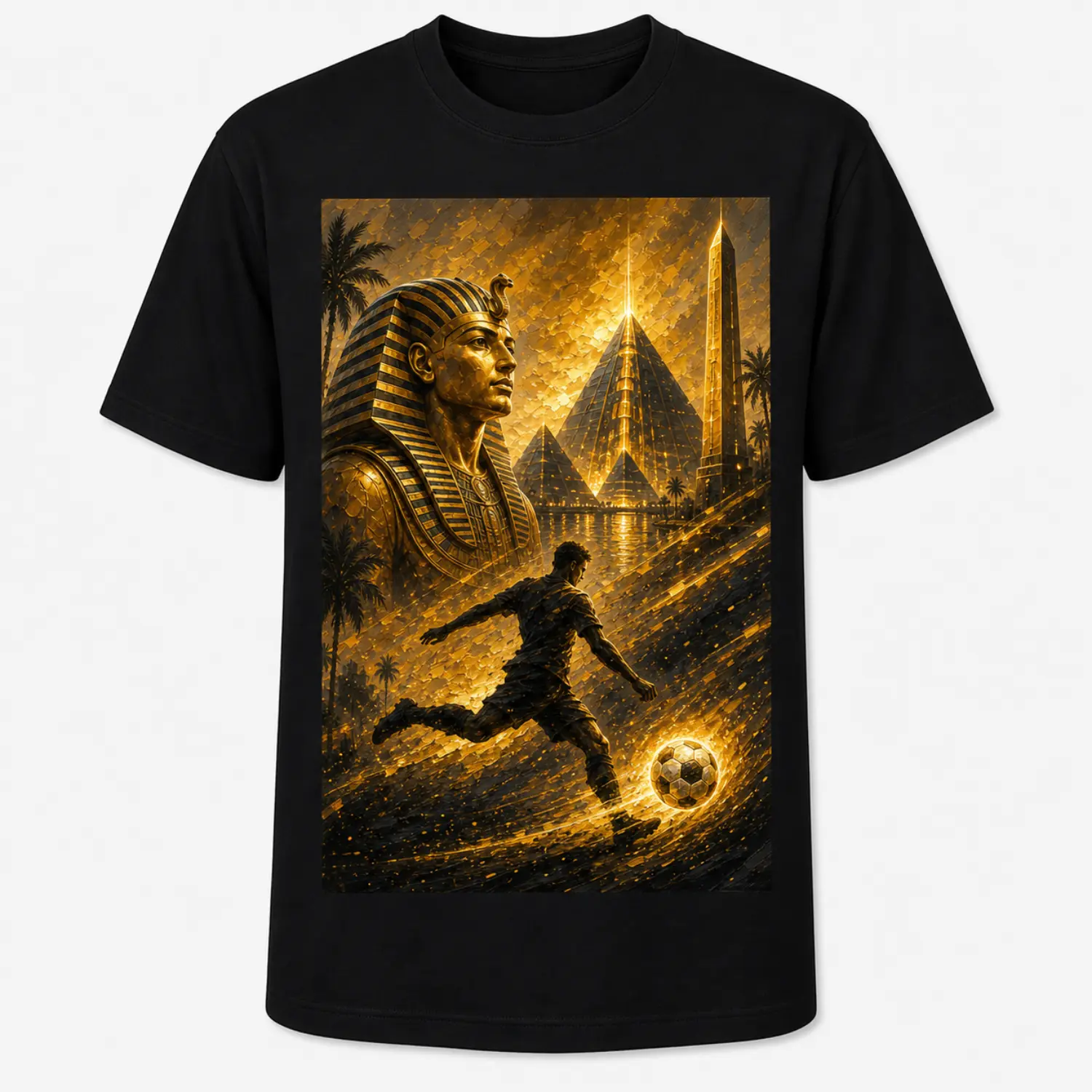 Vintage Egyptian Pharaoh Soccer T-Shirt - Gold Graphic Sports Fan Tee, Casual Unisex Short Sleeve Shirt