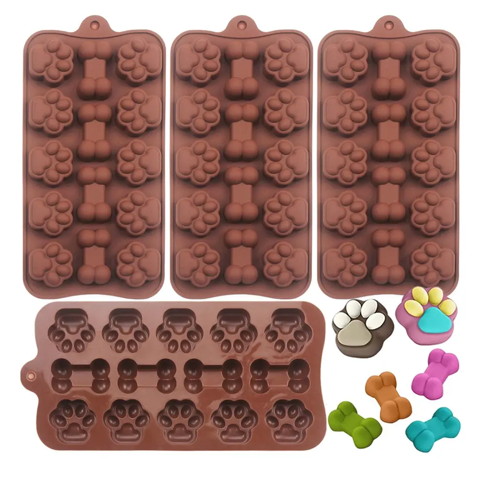 4pcs Chocolate Silicone Molds for Dog Bone and Paw Shapes, Baking Supplies & DIY Tools for Cake Decoration, Ice Cube & Soap Making, Reusable Chocolate Mold