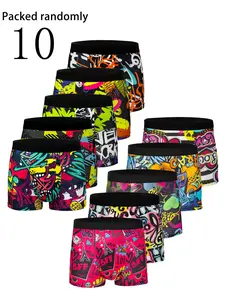Men's Geometric Print Briefs, Trendy Graffiti Pattern Underwear, Casual Fitted Boxer Shorts, All Seasons Wear, 10-Piece Set