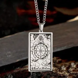 GTHIC Unisex Wheel of Fortune Tarot Card Stainless Steel Squard Card Necklace for Daily Wear