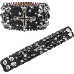 LeatherCrown Rhinestone Bracelet For Men & Women Adjustable Punk Style Studded Wristband Fashionable Leather Cuff Bracelet with Skull  Design