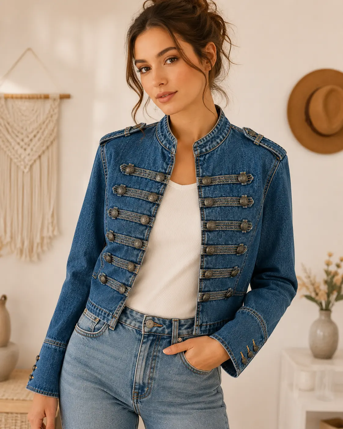 Women's Military Style Denim Jacket Vintage Button Front Cropped Jean Jacket Casual Streetwear Womenswear Long Sleeve Outerwear Coats Everyday Pants Statement