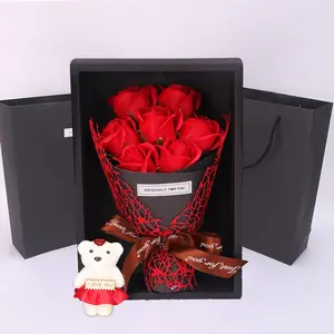 Cross-border Amazon Artificial Flowers 7-Rose Soap Flower Bouquet Gift Box with Bear Creative Valentine's Day Gifts for Foreign Trade