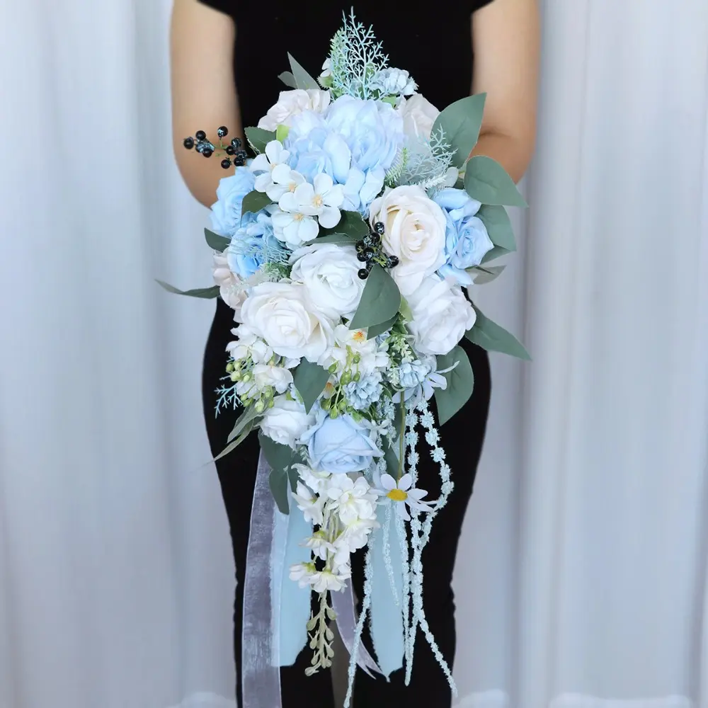 Handmade Flowers Bouquet For Wedding, Champagne Bridal Bouquet, Elegant Teardrop Shape Floral Arrangement