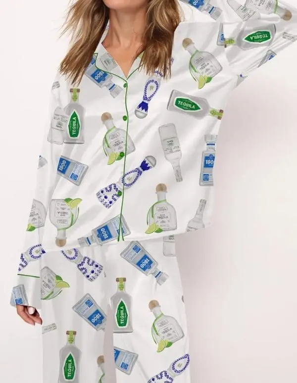 Tequila Bottle Satin Pajama Set For Women - Without Chest Pocket With Bottom Pockets Women's Two-piece  Long Pajamas Set, Casual Comfy Long Sleeve Top & Long  Pajamas Set, Ladies Sleepwear for Summer
