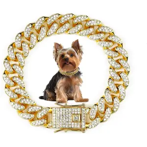 Cuban Dog Chain Collars, Gold Crystal Pet Necklace, Metal Pet Necklace with Safety Buckle Lock, for Small Medium Large Dogs Cats (8 Inch)