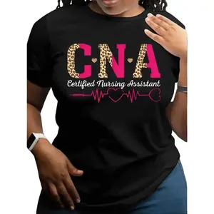 2026 New Boxy Fit Tee 100% Premium CottonWomen's Certified Nursing Assistant CNA Graphic T-Shirt - with Leopard Print & Heartbeat Design, Short Sleeve Crew Neck Casual Top, Medium Stretch Breathable Fabric for Spring & Summer, Machine Washable Sustainable