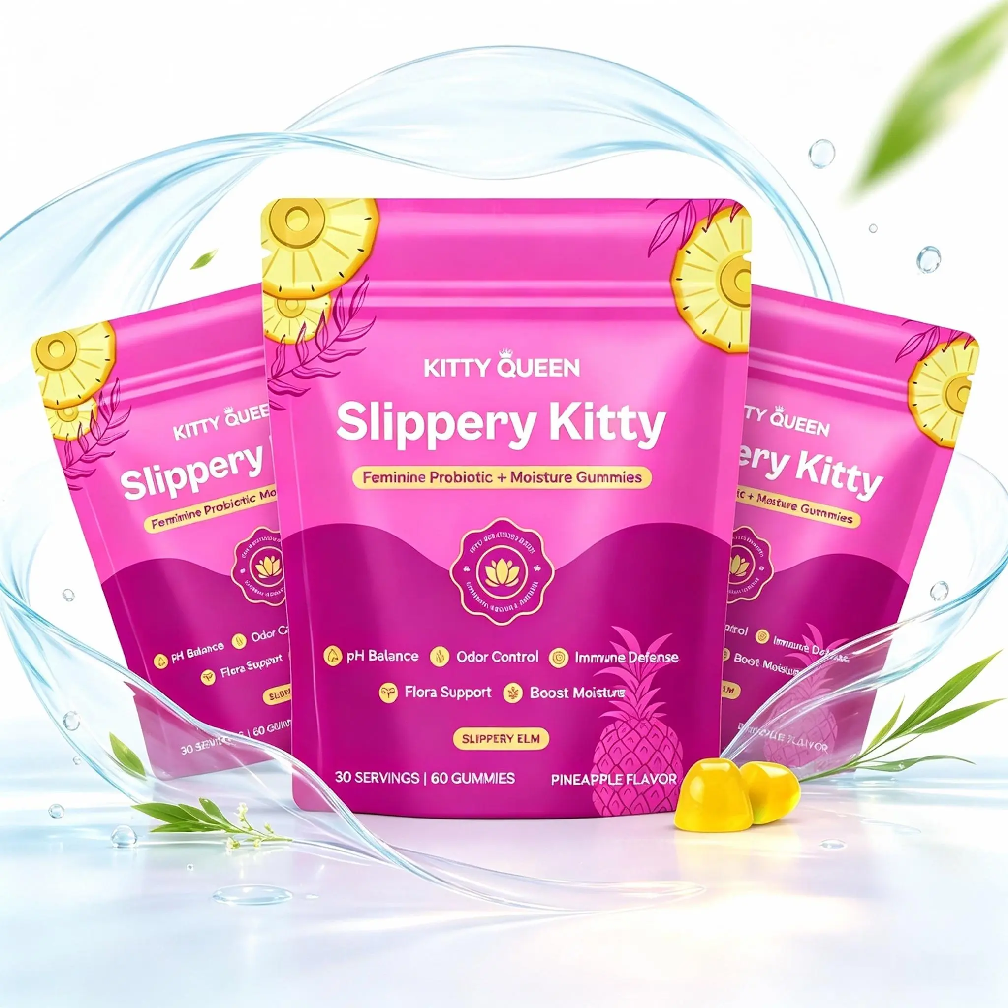 Slippery Kitty Feminine Probiotic + Moisture Gummies - All in One Solution with Slippery Elm 60 Count Pineapple Flavor