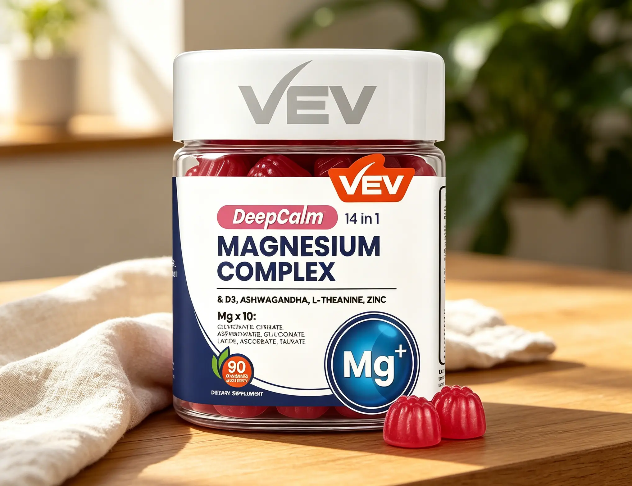VEV DeepCalm 14-in-1 Magnesium Glycinate Complex Gummies, Stress Sleep & Muscle Support with Ashwagandha L-Theanine D3 Zinc, Cortisol Supplement, Sugar Free Vegan High Absorption Magnesium, 90 Count