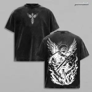 Archangel Michael Vintage Washed Oversized Christian T-Shirt, Angel of Fire Faith Graphic Tee, Heavy Cotton Dark Scripture Streetwear Top, Unisex Retro Worship Shirt for Believers 9MW