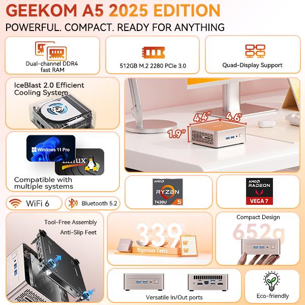 GEEKOM A5 Mini PC 2026 Ryzen 5 7430U, 16GB+512GB & 1TB, Windows 11 Pro, 4K Dual HDMI, WiFi 6, USB-C, Upgradeable HDD | Tiny Desktop for Study, Gaming, Office Student Computer chrismas gift
