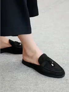 Fashion Velour Comfortable Men's Flat Design Half Slippers Mules Women Shoes Single Sole, Casual Style, Plain Pattern, Less Than Ankle Height, Black, Footwear