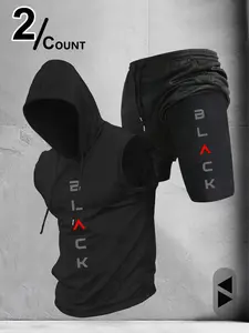 Men's Sleeveless Hoodie and Shorts Set, Graphic Letter Print, Casual Fitness, Gym Training, Outdoor Workout, 2-Piece Set