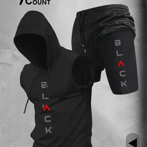 Men's Sleeveless Hoodie and Shorts Set, Graphic Letter Print, Casual Fitness, Gym Training, Outdoor Workout, 2-Piece Set, Athleisure Wear Sets, Gym Outfits, Exercise Clothing Set