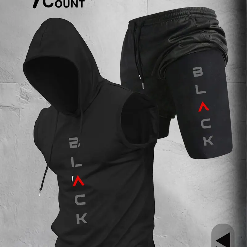 Men's Sleeveless Hoodie and Shorts Set, Graphic Letter Print, Casual Fitness, Gym Training, Outdoor Workout, 2-Piece Set, Athleisure Wear Sets, Gym Outfits, Exercise Clothing Set