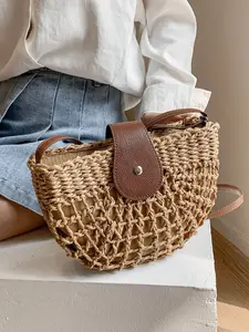 Women's 2026 Summer Mini Semicircle Straw Crossbody Bag, Handwoven Raffia Purse with Leather Button Closure, Bohemian Beach Shoulder Bag