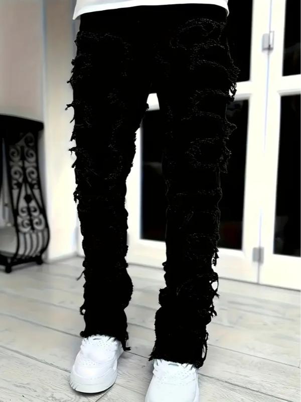 Viral All Black Extreme Distressed Ripped Jeans Fringe for Men Torn Heavy Destroyed Denim Pants Streetwear Trending