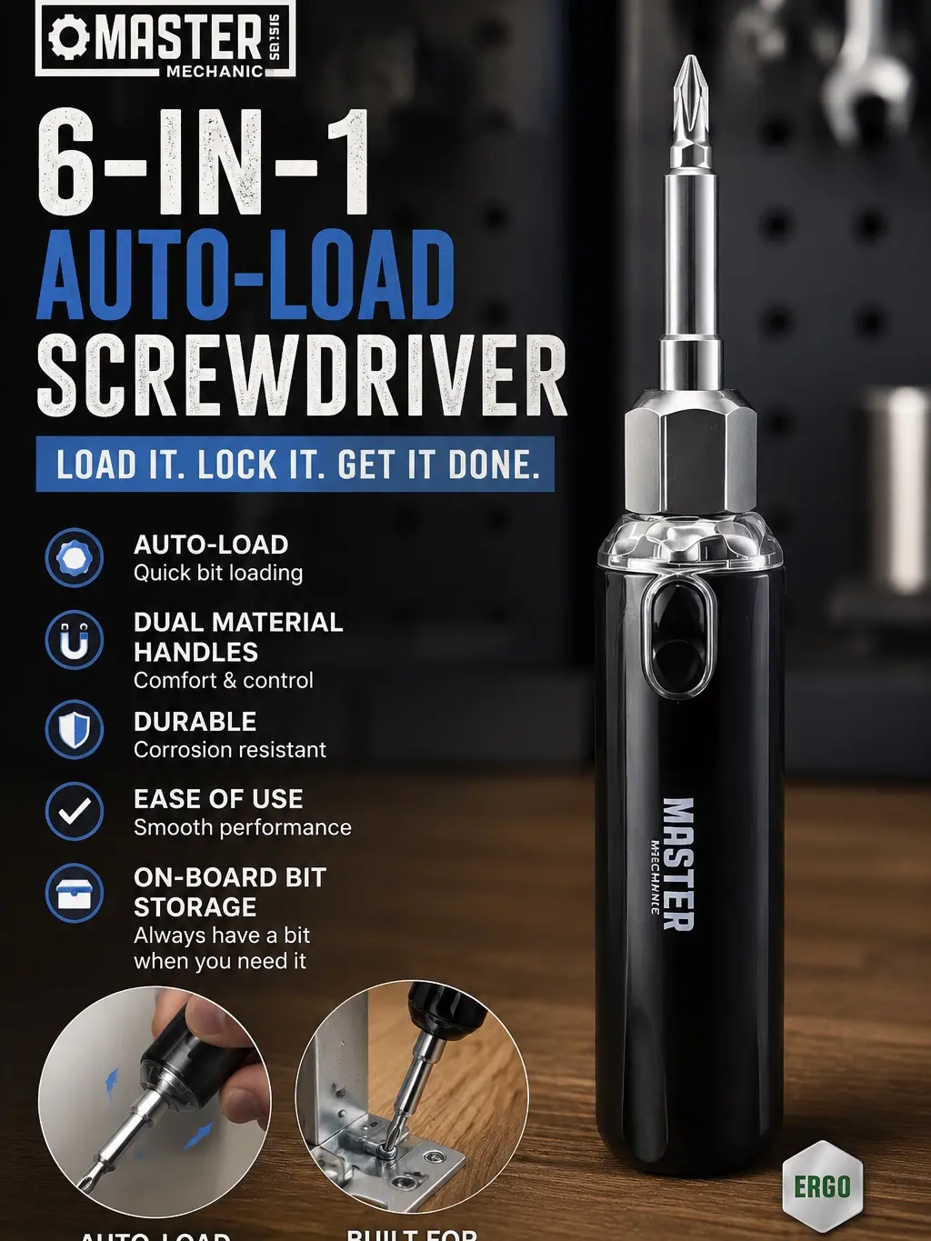 Master Mechanic 6-in-1 Auto-Load Screwdriver - Tools & Hardware Power Tool with Lifetime Warranty