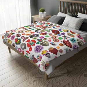 Mexican Flannel Blanket print on both sides - Soft 80x60” with Mexican Collage Illustrations, 100% Polyester Flannel, Lightweight & Cozy