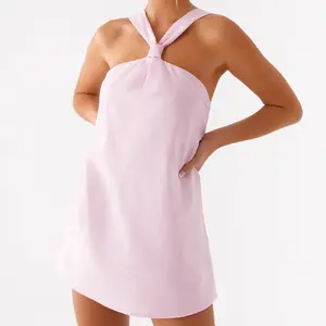 Women Mini Dress Solid Color/Floral Print Halter Neck Backless Dress Summer Fashion Sleeveless Casual Dress