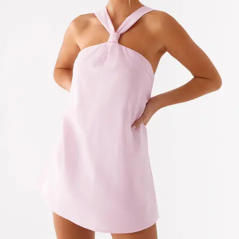 Women's Polyester Solid or Floral Print Low-Cut Halter Neck Backless Sleeveless Mini Summer Casual Dress, Pink, No