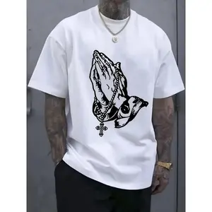 Men's 100% Cotton Knit Ribbed Short-Sleeve Round Neck T-Shirt - Soft, Elastic, Seamless, Smooth, Breathable All-Seasons Menswear Fabric with "Pray" Graphic, Casual Summer Streetwear (White Classic)