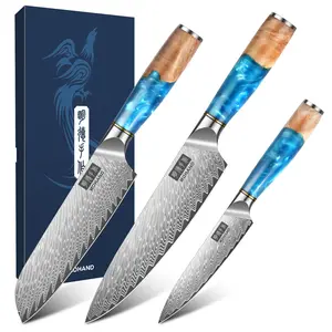 MDHAND Damascus Kitchen Knife Set 3PCS, Japanese VG10 Super Steel Core Professional Chef Knife Set, Ultra Sharp Professional Chef Knives with Azure Timber Collection Handle, Gifts for Men Women