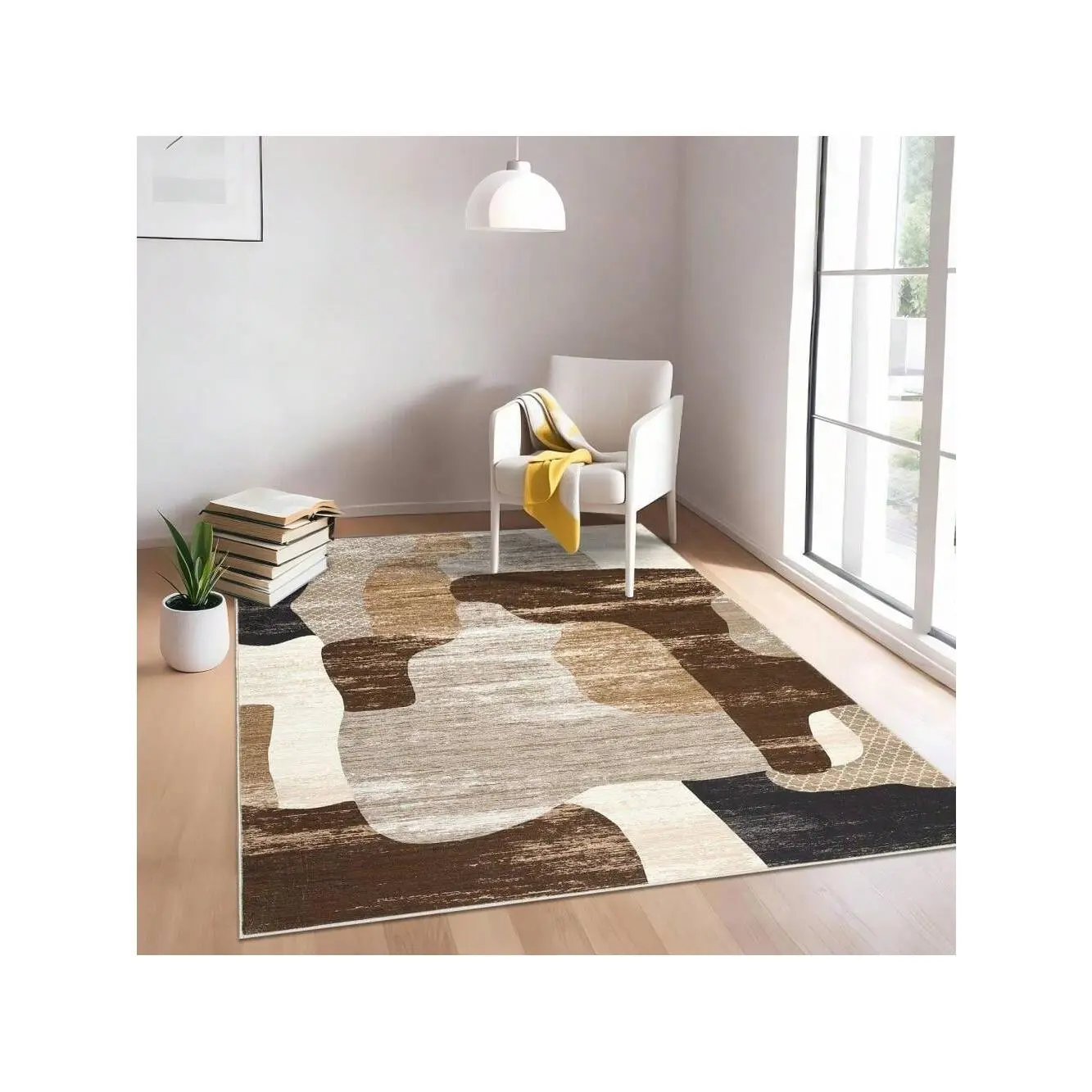 Gaomon Faux Wool Low-Pile Indoor Area Rug, 2x6 ft Brown Modern Abstract Floor Mat, Non-Slip, Non-Shedding, Stain-Resistant, Soft, Machine-Washable Contemporary Accent Carpet for Bedroom, Living Room