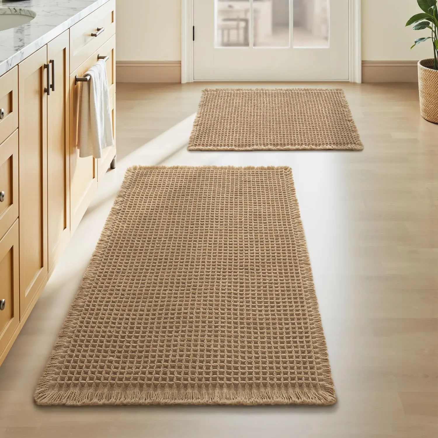 Two-Piece Waffle Kitchen Bathroom Rug Set, Bohemian Style Anti-Slip Washable Absorbent Mat, Super Soft Rubber Backed Floor Mats for Kitchen Bath Tub Shower, Boho Style Rug, Household Decorative Rug, Bohemian Style Rugs, Water Absorbent Rug