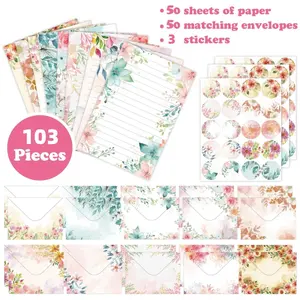 50 set Floral Themed Writing Paper Stationery Set - 50 Lined Writing Paper, 50 Envelopes, 3 Dot Stickers Vintage Butterfly Letter Writing and Stationery Paper Envelopes