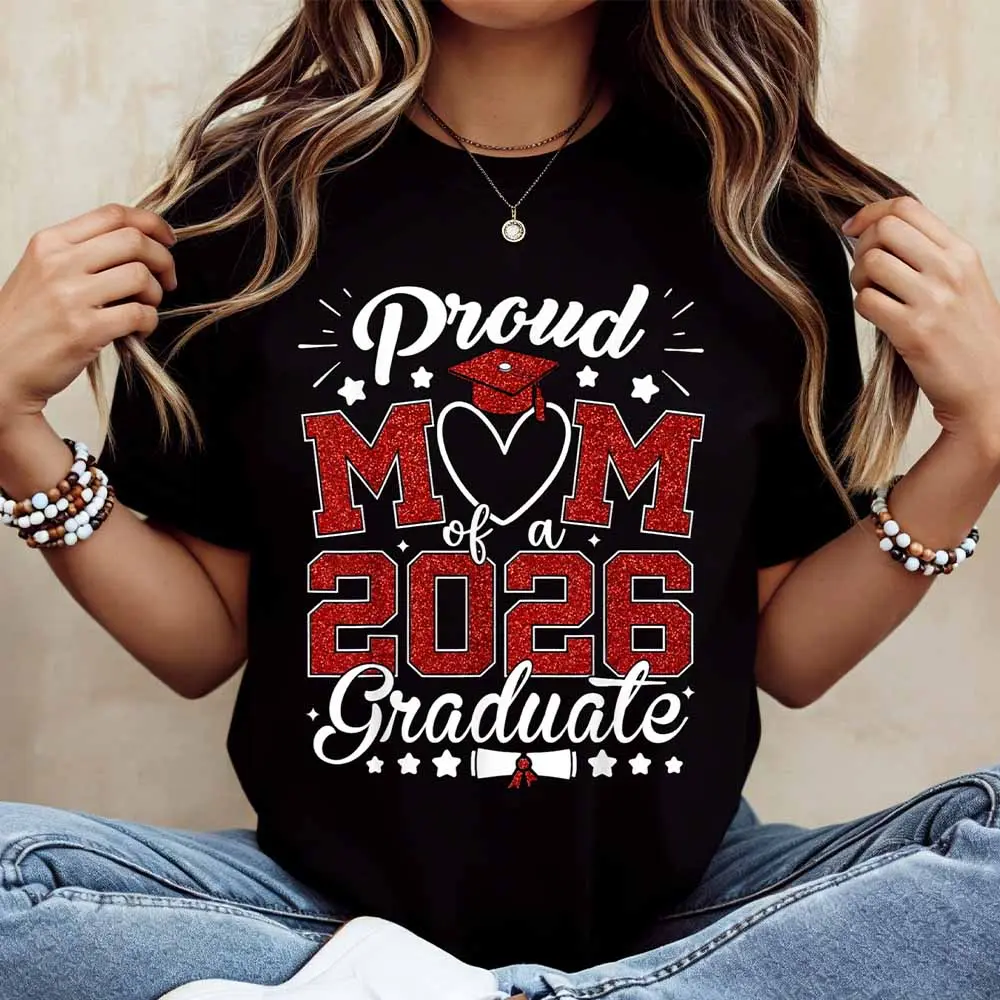 Proud Mom Of A 2026 Graduate Graduation Cap And Diploma Design T Shirt  Casual Loose Fit Style For Everyday Wear And Sports Activities