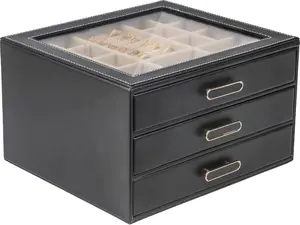 BOOVOJewelry Organizer Box with Glass Lids & 3 Drawers - Elegant Storage Solution for Necklace, Rings，Earrings, and Bracelets - Perfect for Women Jewelry Case, High-End PU Leather Vanity Storage, Light Luxury Gift for Her