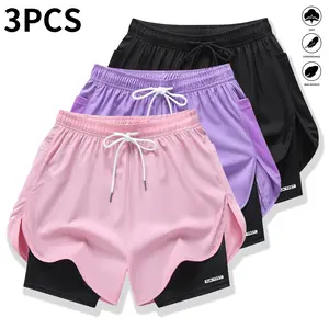 Pack of 3 Women’s casual athletic pants, Faux two-piece design, Solid color with inner lining, elastic drawstring waistband, suitable for outdoor fitness, running, sports, and casual wear, women’s shorts